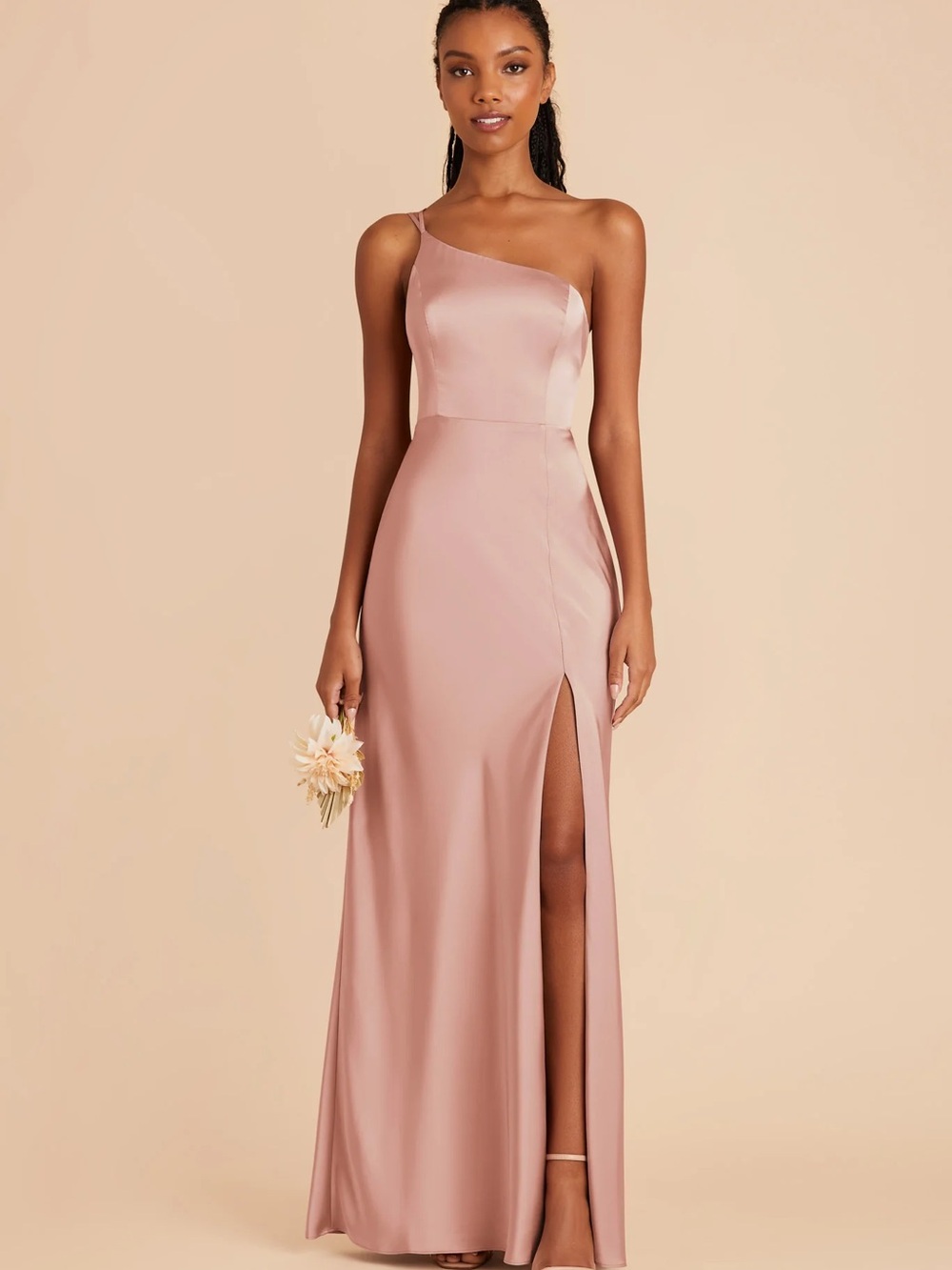 Birdy Grey One-Shoulder Satin Gown in Dusty Rose